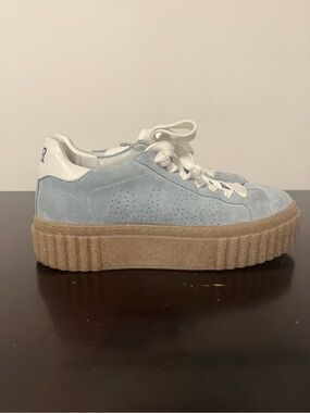 P448 Pale Blue Suede Platform Sneakers with White Heel Tab